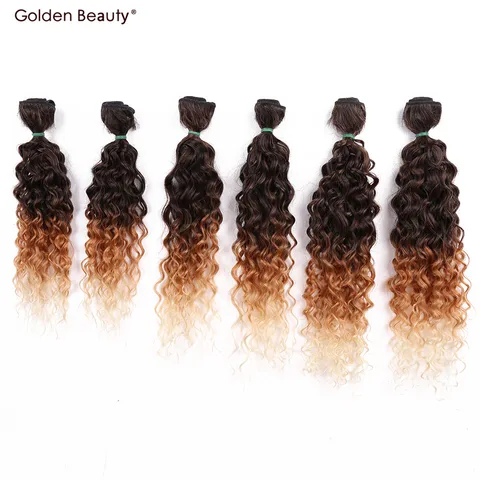 Sew em Extensões do Cabelo Polegada Jerry Cabelo Encaracolado Sintético Tecer Ombre Rosa – Louro Burgundry Pacotes 6 Unidades Pacote Beleza Dourada 14-18