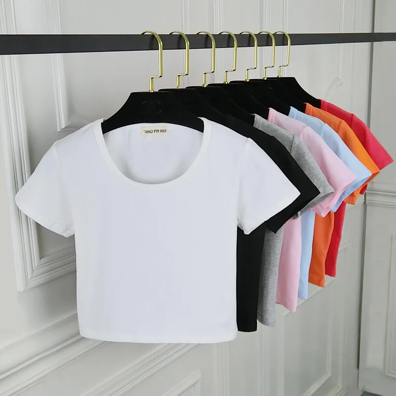 Summer Casual Solid Female Cotton T-Shirt Short Sleeve Round Neck T-Shirt High Waist