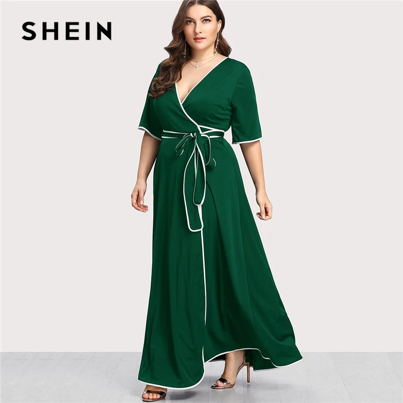 SHEIN Contrast Binding Self Belted Wrap Dress 2018 Summer Deep V Neck