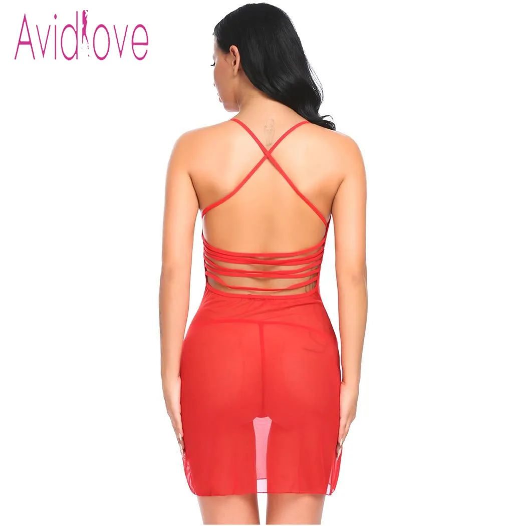 Avidlove Lingerie Sexy Erotic Hot Night Dress Sex Costumes Women Lace Mesh Halter Babydoll Dress Plus Size Sleepwear Nightwear