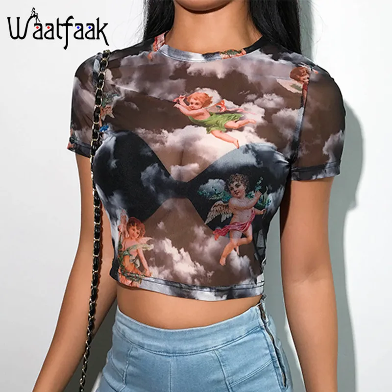 

Waatfaak Sexy Transparent Mesh T-shirt Women Sheer Print O Neck Short Sleeve Harajuku Tshirt Femme Fishnet Crop T Shirt Woman