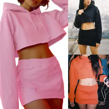 

Hot Women Clothes Set Tracksuits Long Sleeve Hooded Crop Sweatshirt 2 Pcs Set Solid Suit Pajamas