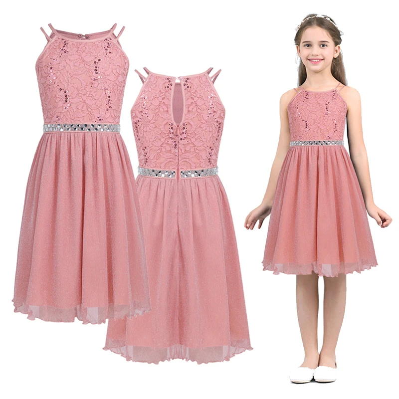 Vestido de tul de princesa brillante para niñas, ropa de fiesta de cumpleaños, de verano y graduación, mangas, encaje Floral con lentejuelas, de 6 a 14 años|Vestidos| - AliExpress