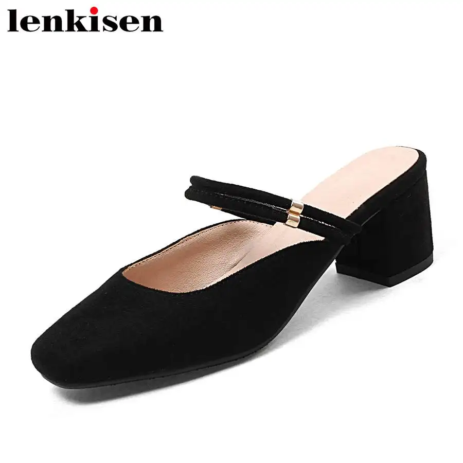 

Lenkisen big size PU med heels casual shoes slip on square toe shallow Hollywood stars solid daily all-match women sandals L12