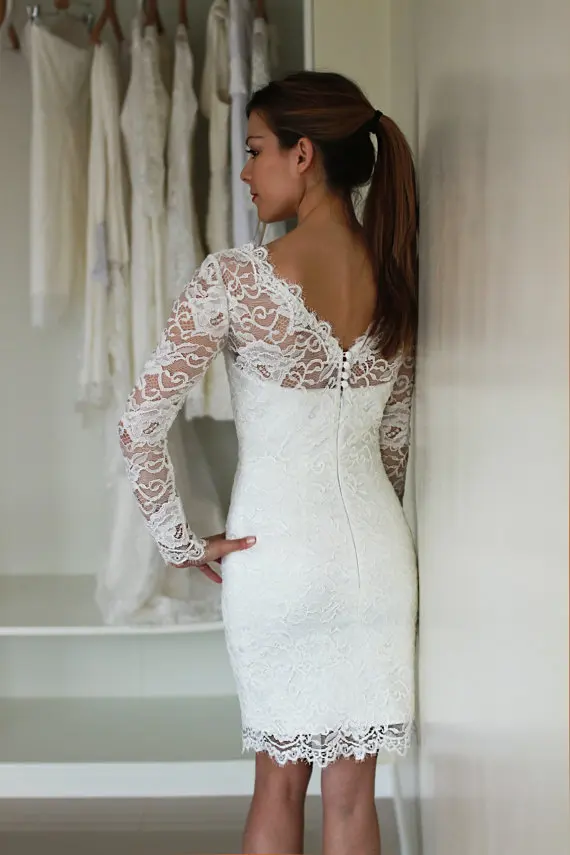 Full Lace Short Wedding Dresses With Long Sleeves V Back Straight Full Lace Short Wedding Dresses With Long Sleeves V Back Straight Sheath Beach Bridal Weddign Gowns Custom Made In From Weddings Events On