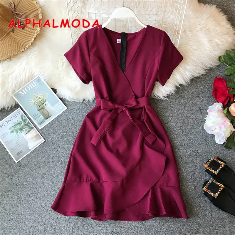 Женское винтажное короткое платье ALPHALMODA асимметричное гофрированное с поясом V