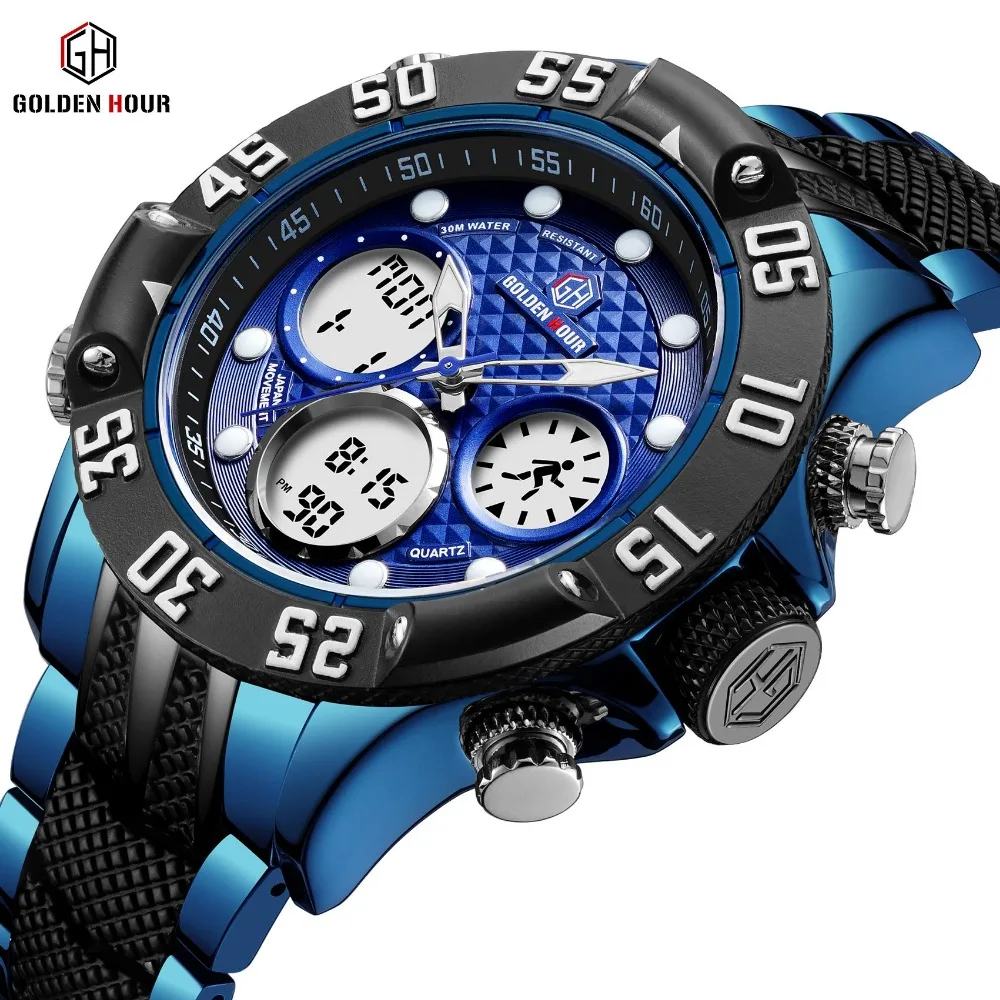 

GOLDENHOUR Military Sport Digital Analog Watch Men Dual Time Alarm LED Waterproof Display Blue Stainless Steel Quartz Watches