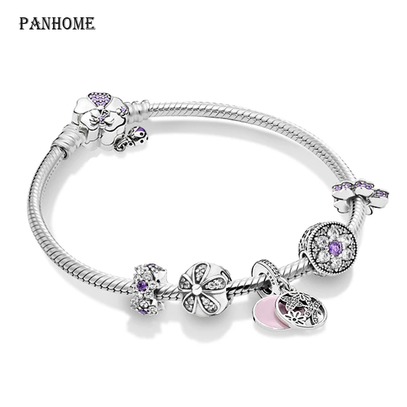 

PAN 100% 925 Sterling Silver Daisy Flowers Fresh Charm Natural Bracelet Set Elegant Retro Charming Gift Women Original Jewelry
