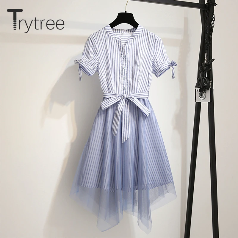 Платье рубашка в полоску Trytree розовое/синее Повседневное платье с поясом на