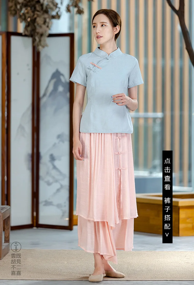 Китайский Cheongsam куртка женская летняя театральная хлопковая тонкая стоячий воротник тарелка пуговицы короткий рукав чайное обслуживание