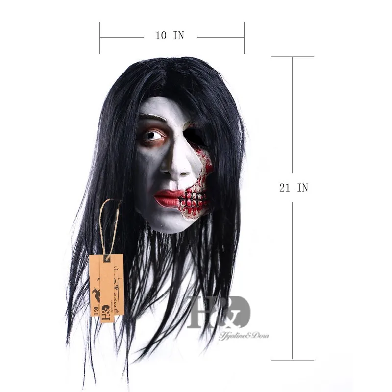 Latex Scary Long Black Hair Disfigured Full Mask Cosplay Ghost Adult Party Mask Halloween Props Masquerade Fancy Dress Costume  (6)