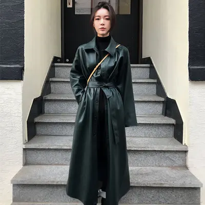 Искусственная кожа PU пальто длинное пальто для женщин Ветровка Весна черный однобортный пояс Одежда Новая повседневная B897 - Цвет: dark green