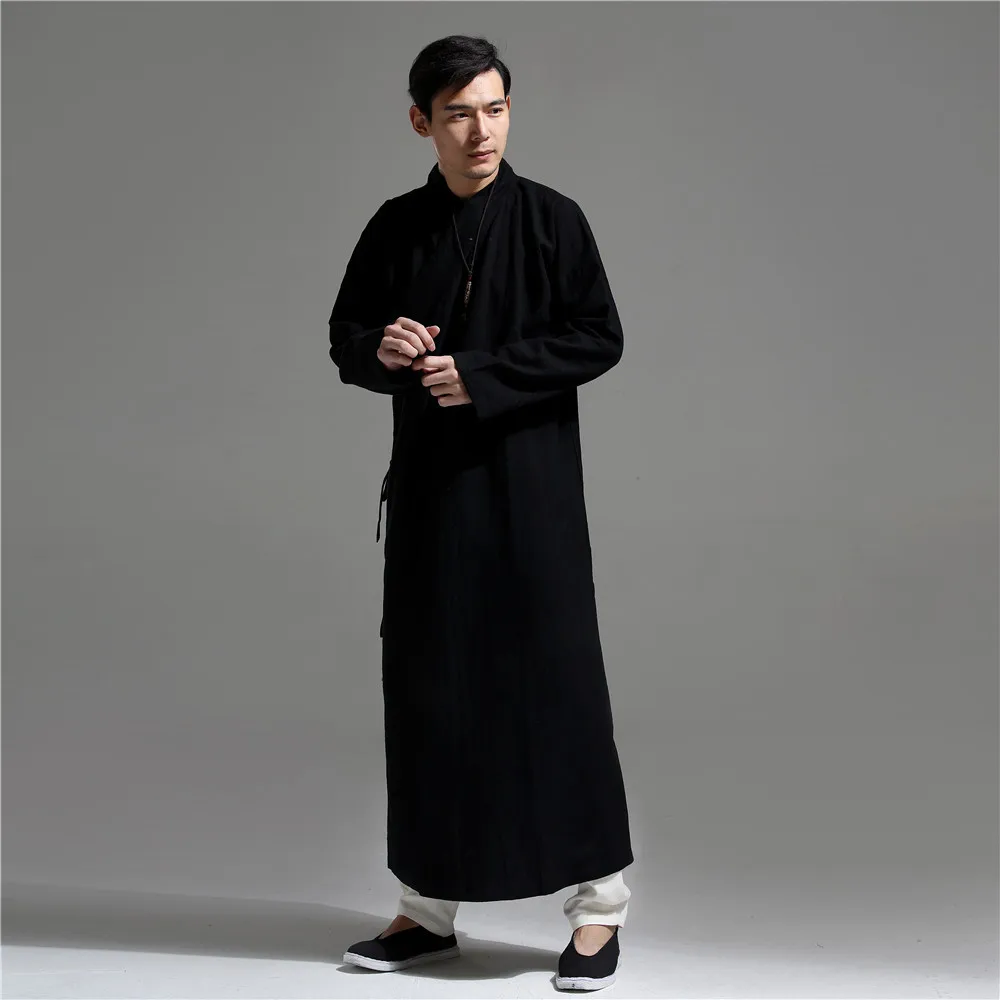 ; сезон весна-осень; Для мужчин халат китайский стиль льняные свободные и удобный однотонный длинный рукав длинный халат D177