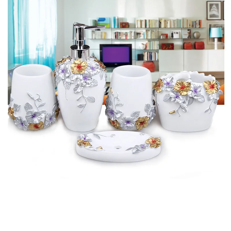 Красивые цветочные бабочки, аксессуары для ванной комнаты, набор для душа из 5 шт., диспенсер для мыла, держатель для зубных щеток, стакан, мыльница - Цвет: White