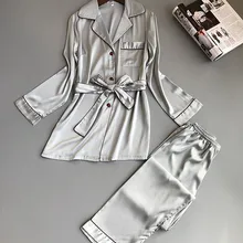 Модная Женская атласная Шелковая пижама, однотонный комплект со штанами с длинными рукавами, весенне-осенняя одежда для сна, домашний костюм, женская ночная рубашка