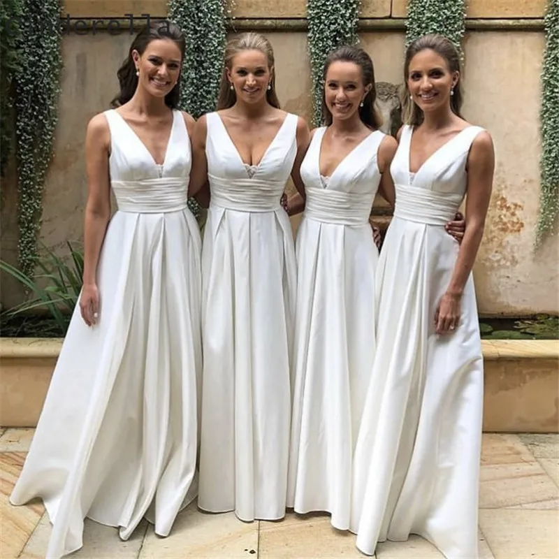 

Cinderella Ivory V-Neck Sleeveless A-Line Floor Length Satin Pink/Burgundy Bridesmaid Dresses Trumpet Wedding Party Dresses