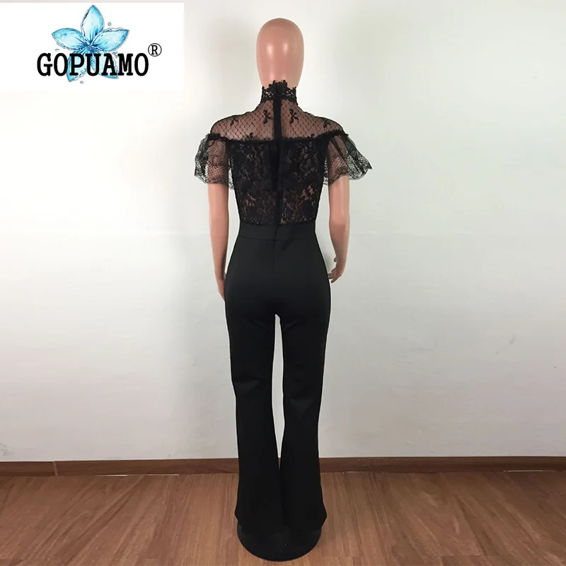Sheer Mesh Lace Spliced Sexy Jumpsuit Women Stand Collar Short Sleeve Wide Leg Romper Elegant Ruffles See Through Party Bodysuit Sheer Mesh Lace Spliced Sexy Jumpsuit Women Stand Collar Short Sleeve Wide Leg Romper Elegant Ruffles See Through Party Bodysuit