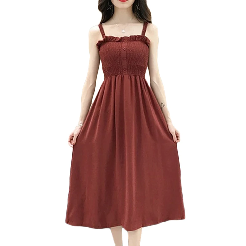 

Joker waist Chiffon Dress Women Vintage Suspender Dresses 2019 Summer New Women's One word collar Sleeveless Dress Vestidos F204