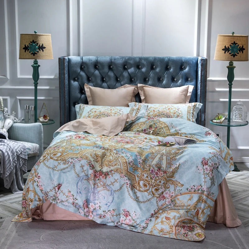 European palace style bedding set 4 piece 60S egyptian cotton bed sheets pastel blue and gold pattern duvet quilt covers linen | Дом и сад