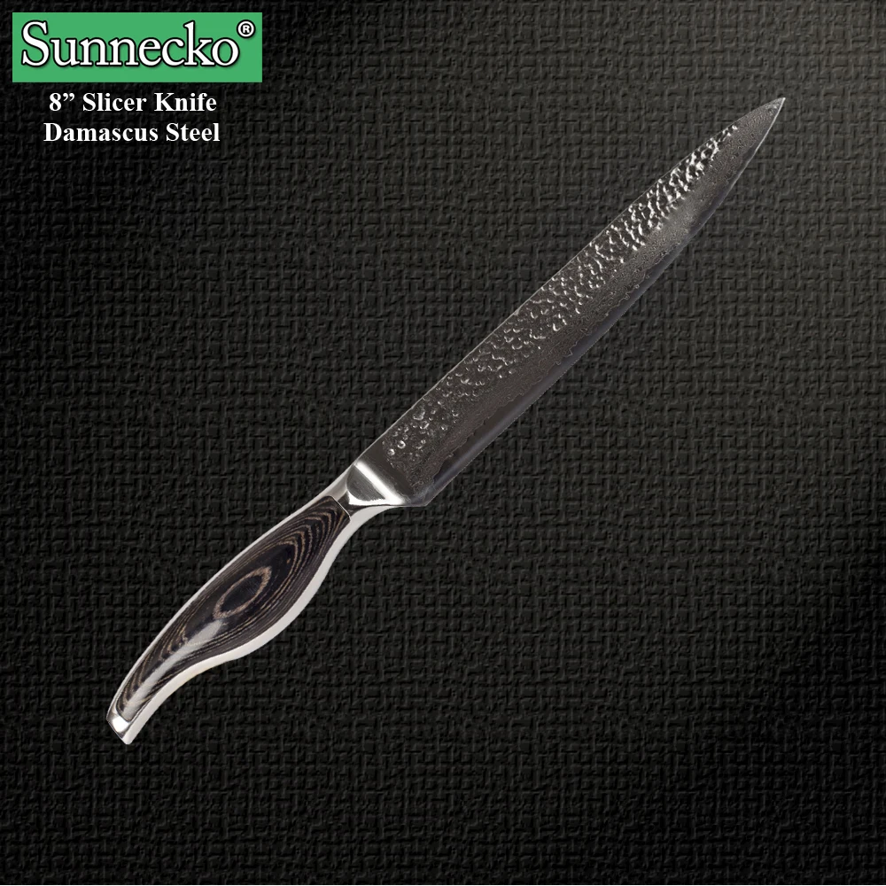 SUNNECKO 8 дюймов нож для нарезки японский Дамаск VG10 Стальные Кухонные ножи с текстурой нож Pakka Деревянная ручка острые кухонные инструменты