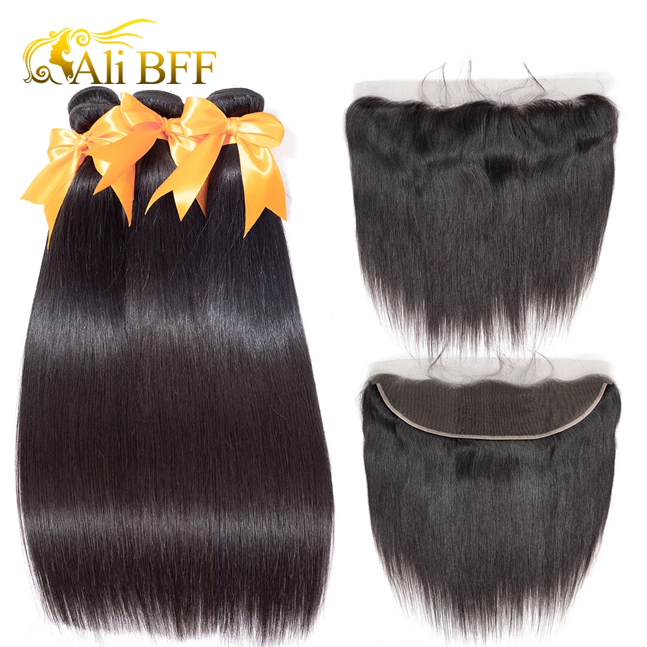 

ALI BFF Malaysian Straight Hair 13x4 Lace Frontal Closure with Bundles Remy Human Hair Bundles with Lace Frontal Free Part