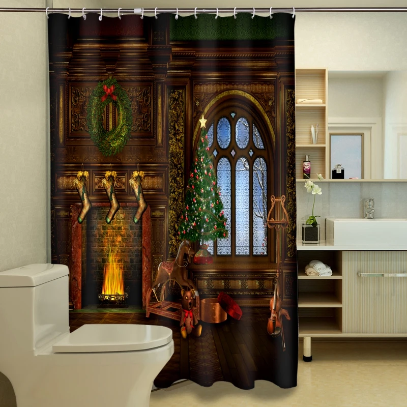 

New 3D Shower Curtains Christmas Door Wall Pattern Waterproof Fabric Bathroom Curtains Washable Bath Curtain Bathroom Products