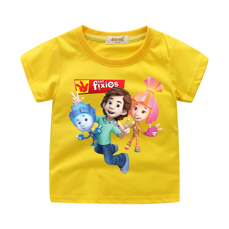 Одежда для мальчиков; костюм для девочек с персонажами мультфильма «Фиксики и мастера»; футболка для детей; футболка; одежда; Детские футболки; топы; одежда для малышей; WJ137