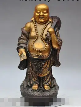 

S00591 17"Chinese Bronze Gilt Wealth Stand Happy Laugh Maitreya Buddha Money Bag Statue