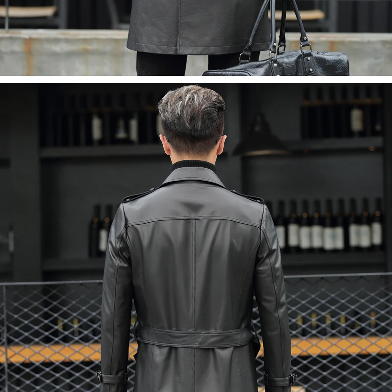 Sale VHO fashion casual natural real cow leather coats for men x-long double breasted leather dust coat genuine leather jacket 9