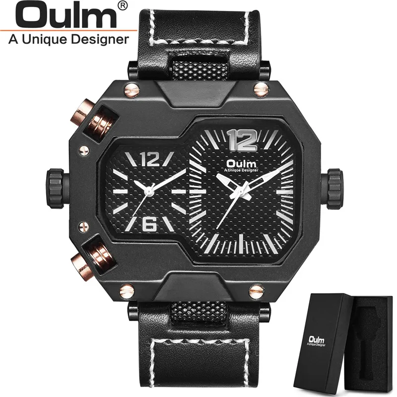 

Oulm New HP3878 Dual Time Zone Sport Watches Men Genuine Leather Strap Wristwatch Male Quartz Clock Casual Hours Man