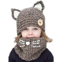 Лидер продаж, детские вязаные шапки с кошачьими ушками для мальчиков, зимний комплект из 2 предметов, меховой шарф и шапка для маленьких девочек, рождественские подарки на возраст 2-8 лет