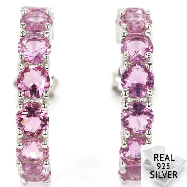 

3.4g Real 925 Solid Sterling Silver Luxury Pink Tourmaline Stud Woman's Party Earrings 22x4mm