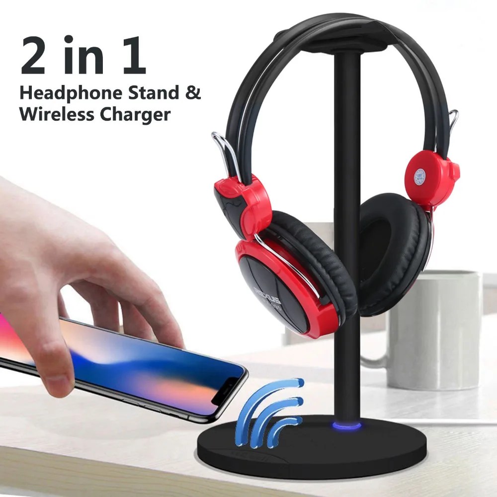

2 in 1 Holder and QI Charger for Headset Earphone Stand Display Hanger QI Wireless Charging Headphone Stand for iPhone Samsung