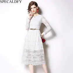 Белое Кружевное Платье женское с длинным рукавом элегантное платье 2019 Высокое качество модные женские офисные Вечерние Платья До Колена