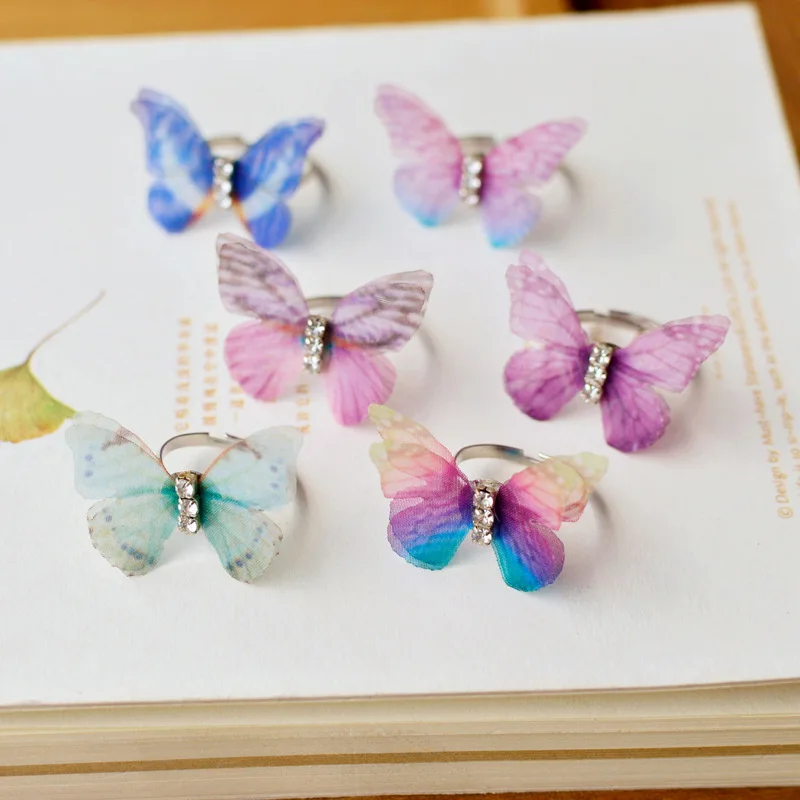 

Mix 10 different Color Sweet Crystal Fabric Lace Butterfly Wings Adjustable Finger Rings For Women Girls Gift