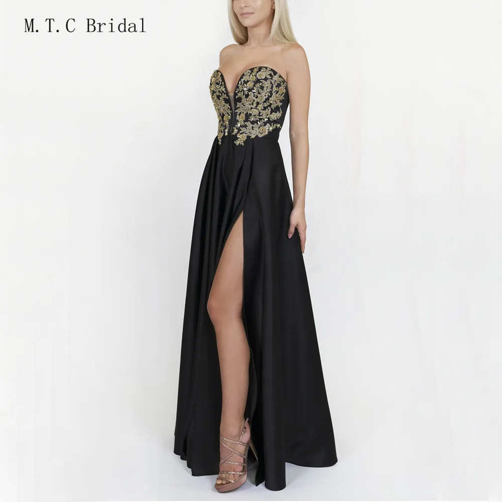 

Charming Mermaid Black Long Evening Dress 2019 High Slit Gold Appliques A Line Satin Formal Prom Gowns Women Party Dresses