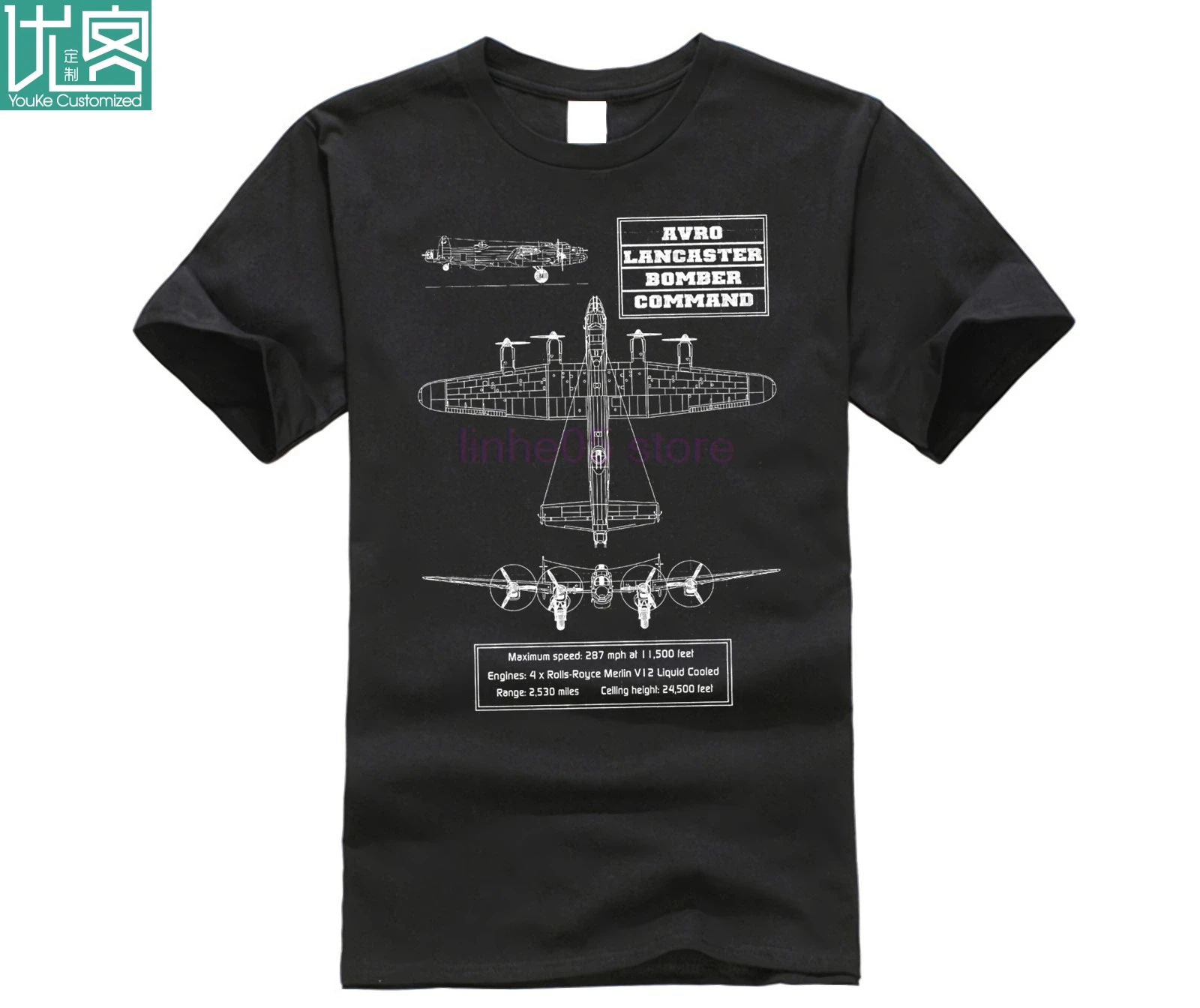 

100% Cotton Brand T-Shirts AVRO Lancaster Blueprint T-Shirt Thumper Rolls Royce Bomber Command Aircraft RAF Print T Shirt Men