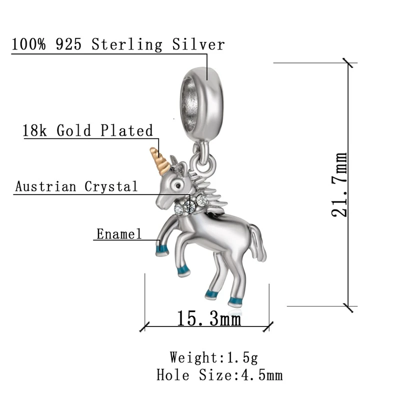 Sambaah Висячие милые амулет в виде единорога кулон и 925 пробы серебряные бегущие бусины в виде лошадей подходят Pandora женский браслет с животными