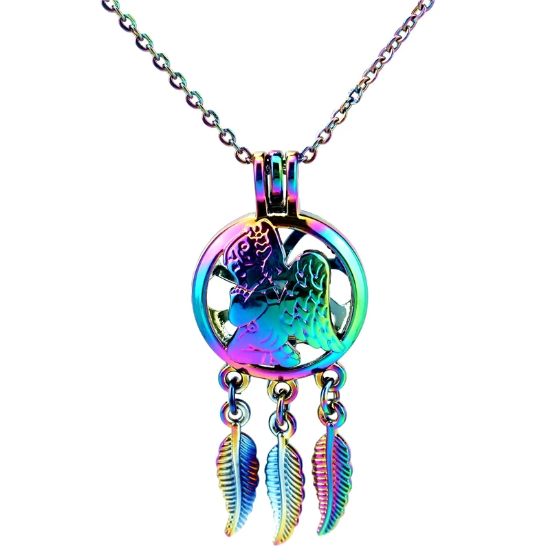 

C770 Rainbow Color Dream Catcher Beaty Pray Angel Baby Leaf Cage Pendant Aroma Essential Oil Diffuser Locket Necklace