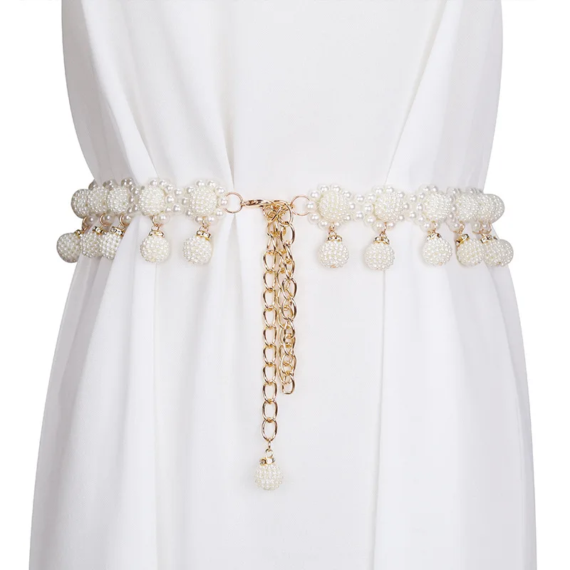 

Pearl waist chain Women Fashion Belt Hip High Waist Gold Narrow Metal Chain belts for women