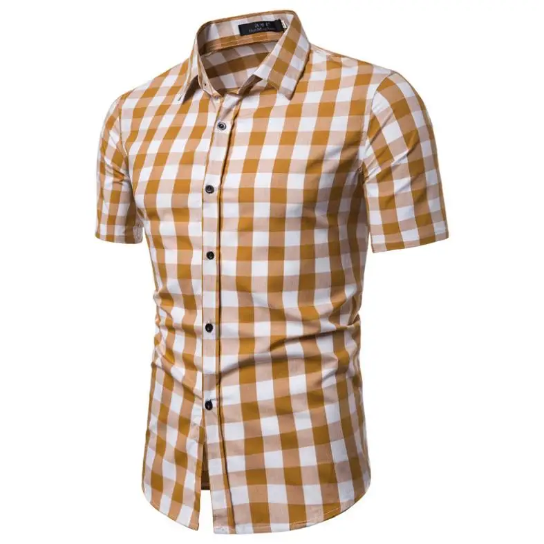 

Wedding Dress Men Shirt Short sleeves Plaid Shirt for Men Business Casual Grid Blouse Male Summer New