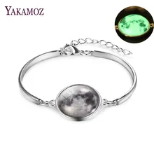 Мода галактика ювелирные изделия Светящиеся в темноте Луна стеклянный браслет из кабошона для женщин люминесцентный браслет Винтажный серебряный цвет