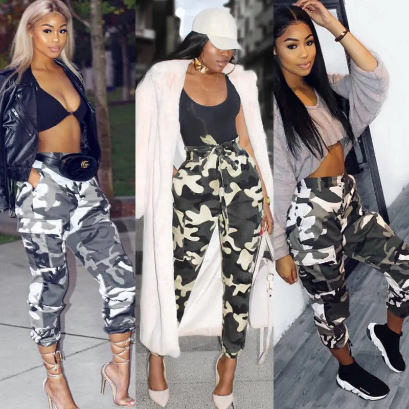 Women Camo Cargo Trousers Ladies Casual 