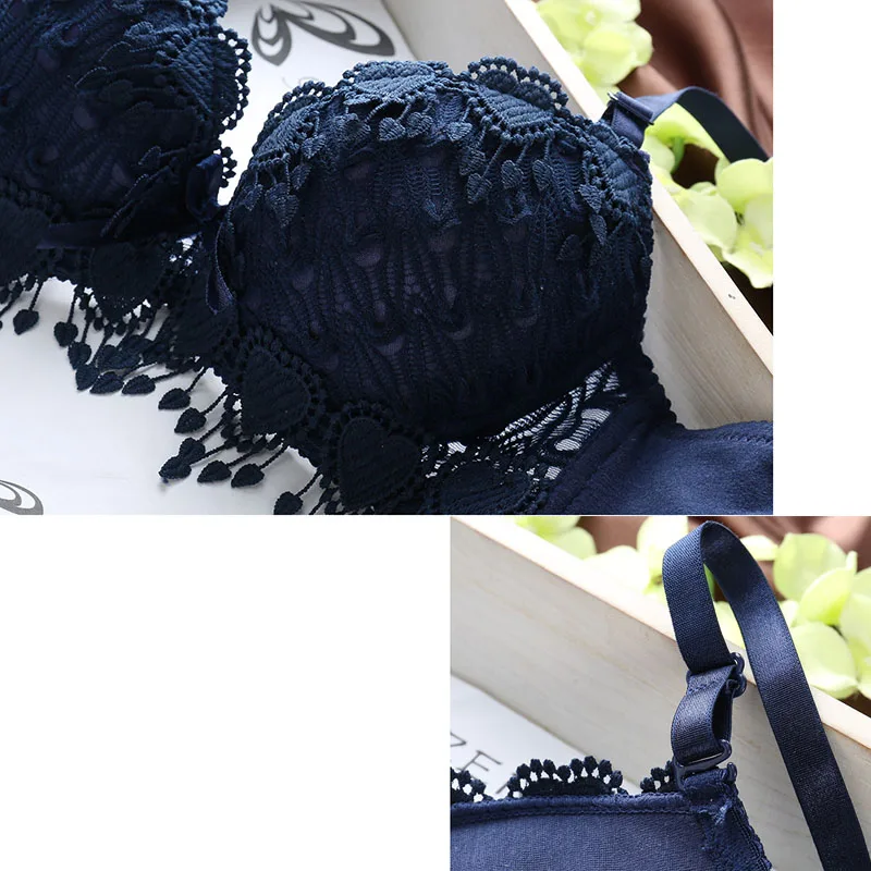 sexy lace tassle lingerie bra set - blue 3