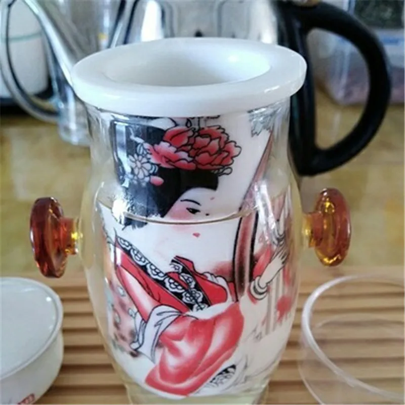 Household Glass Tea Set Double Ear Cup Filter Teapot Green Flower Ceramics (2)