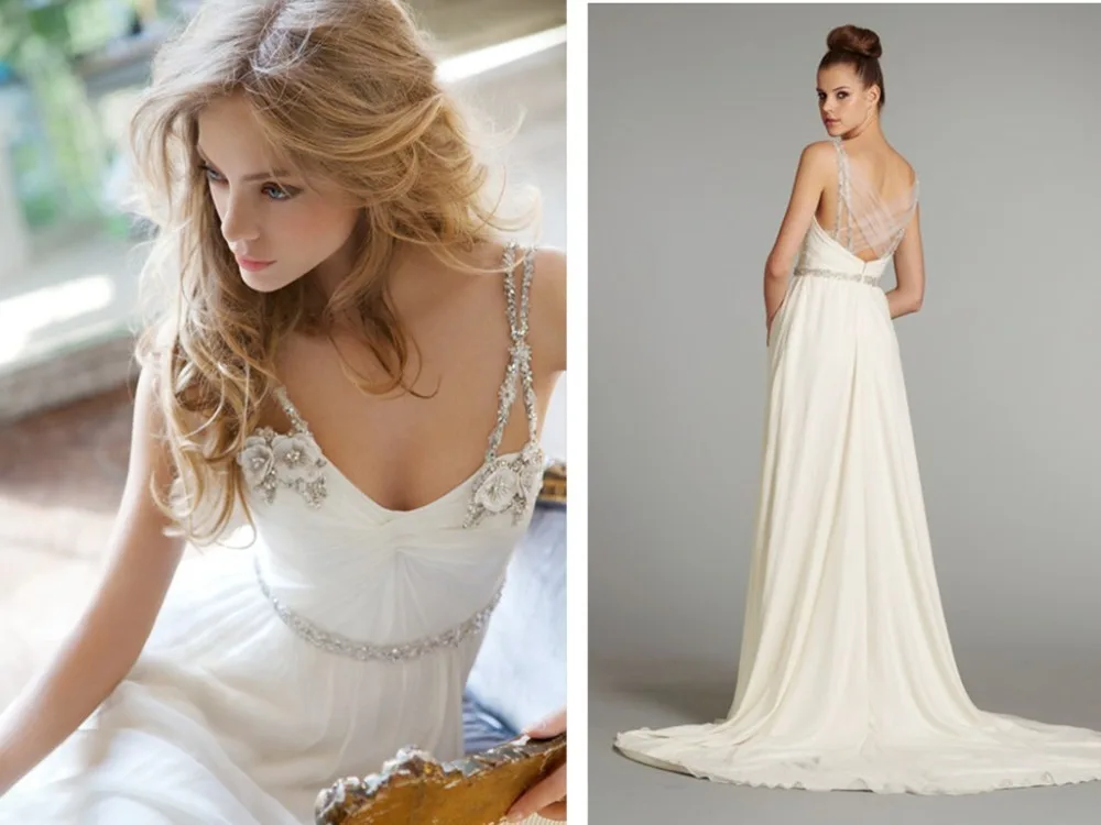 

free shipping party dress women 2014 new design crystal small train beading brides maid dress sexy white chiffon evening dresses