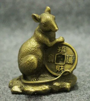 

Folk Chinese Brass Copper Wealth Coin Year Zodiac Mouse Animal Statue Sculpture