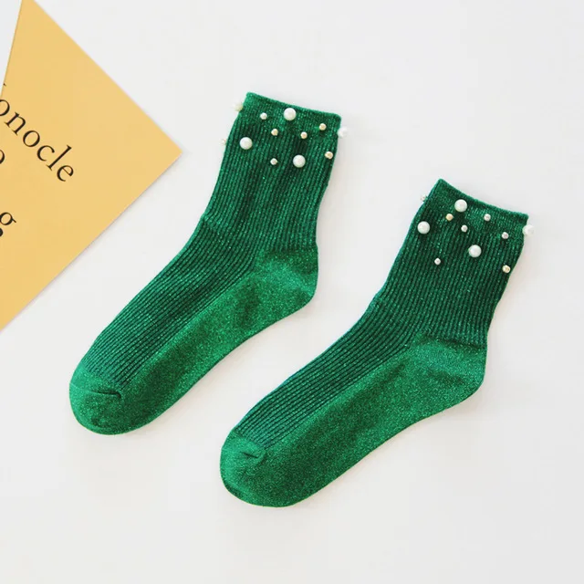 Модные дизайнерские Роскошные короткие носки с жемчужинами, Женские винтажные короткие носки в стиле Харадзюку, однотонные хлопковые забавные носки в стиле Харадзюку, художественные женские носки - Цвет: Зеленый