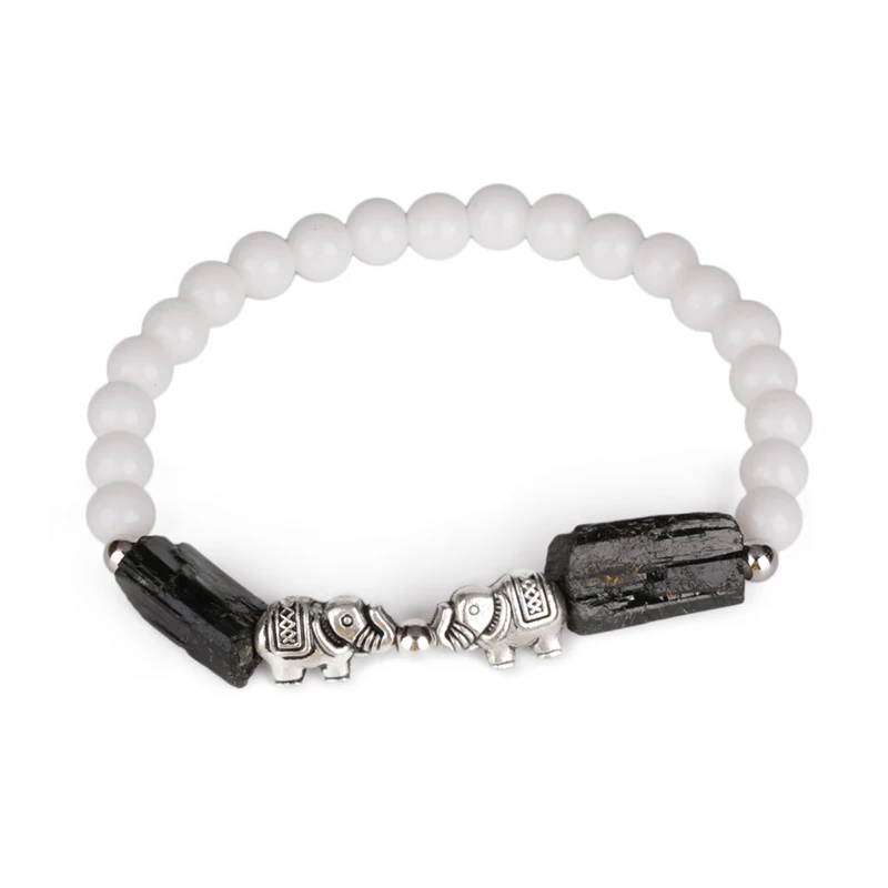 Double Elephant Charm Natural Rough Black Tourmaline Healing Calm Stone Bead White Glossy Energy Bracelets For Man Women | Украшения и