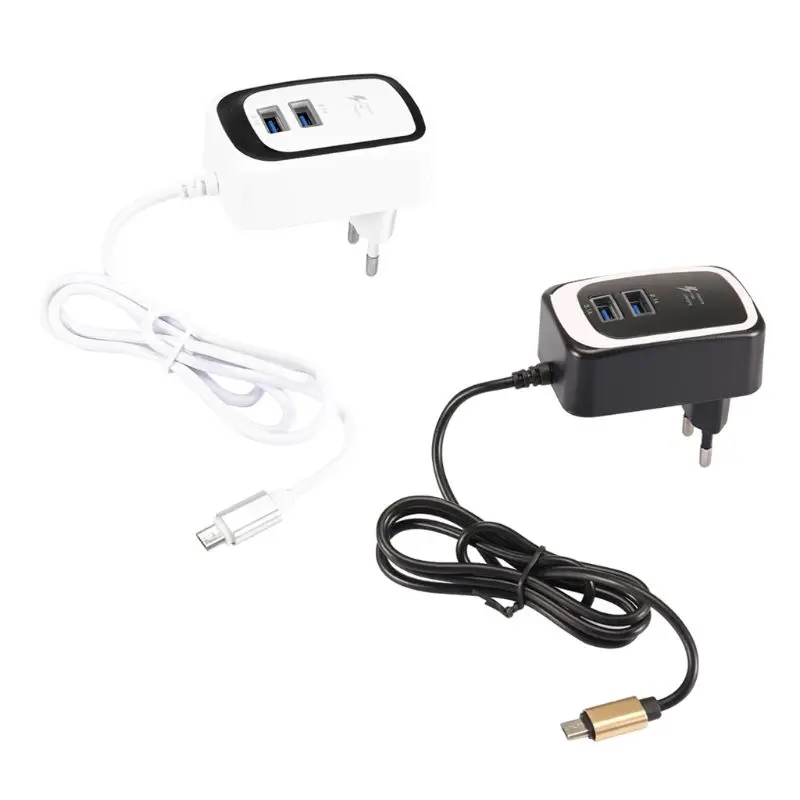 

LED Light Fast Charging Mobile Phone Charger EU Plug Dual USB Port Adapter Converter with Cable for Travel Supplies